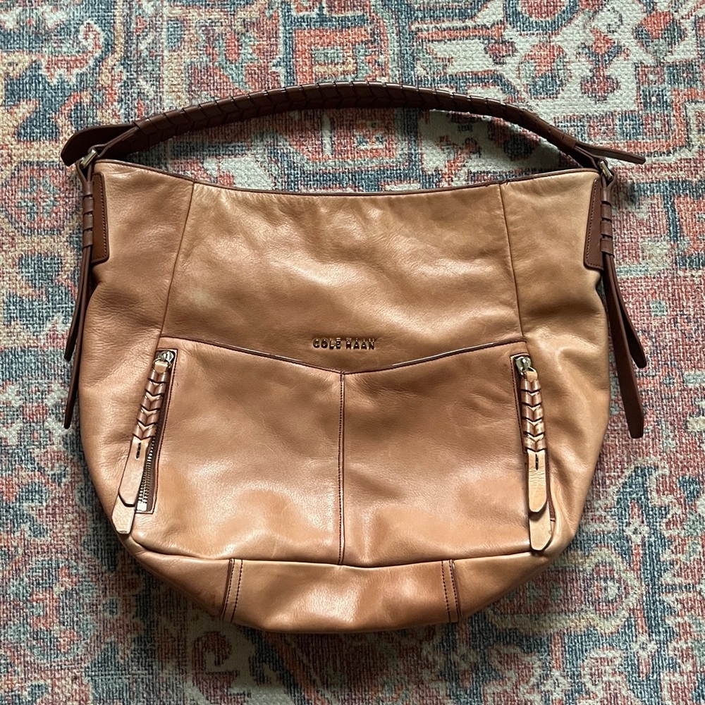 Cole Haan Two Tone Braided Leather Large Boho Hobo Tote Bag, Gorgeous!